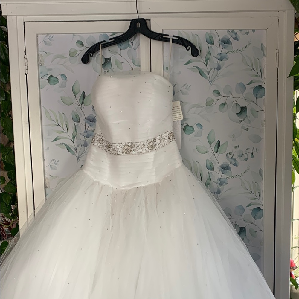 Elegant princess style new wedding dress.  Rhinestones on skirt and bodice